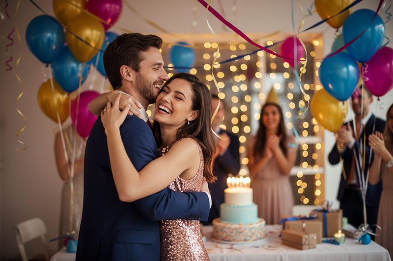 make an image of a happy couple hugging eachother ecstatically with a birthday party in background, make very realistic